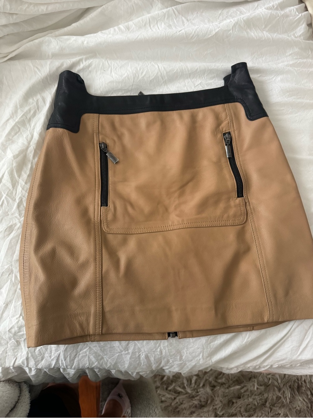 Stella & Jamie Tan Leather Mini Skirt with Black Waistband